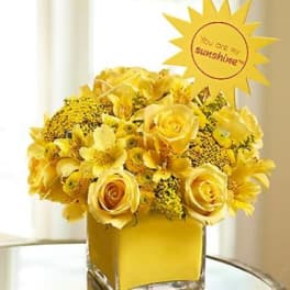 Yellow rose bouquet in a square glass vase with a sun-shaped card