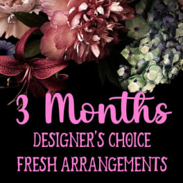 Floral collage with pink and blue flowers and the text "3 Months Designer's Choice Fresh Arrangements"
