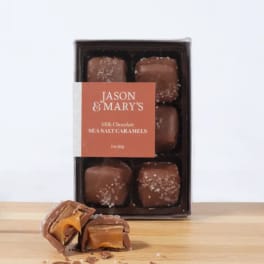 Box of milk chocolate sea salt caramels on a table