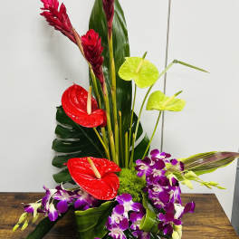 Tropical arrangement with red anthuriums, purple orchids, and tall red ginger flowers