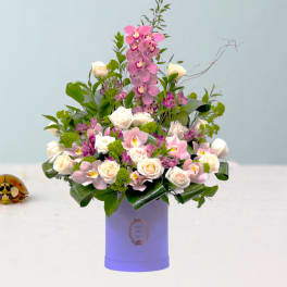 Pink orchids and white roses arranged in a lavender box