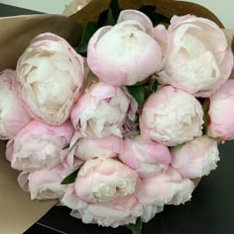 Bouquet of pale pink and white peonies wrapped in brown paper