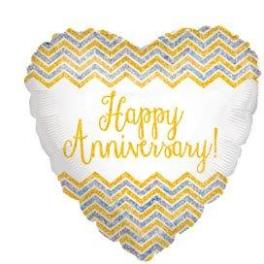 Heart-shaped anniversary balloon with gold lettering and chevron pattern