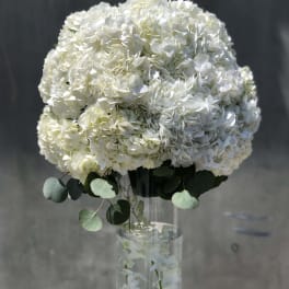 White hydrangea bouquet in a clear glass vase with eucalyptus