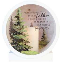 Round memorial candle with a father remembrance message