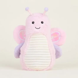 Pink plush butterfly toy with a smiling face and pastel wings