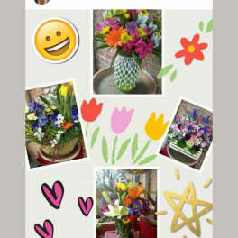 Collage of colorful mixed flower arrangements in vases