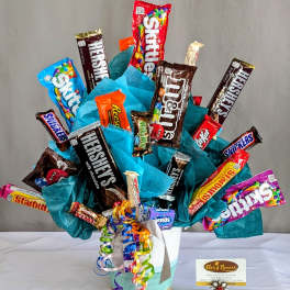 Candy bouquet with assorted chocolate bars in a decorated container