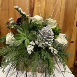 White roses and succulents arranged with pine and a pinecone in a low container