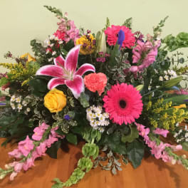 Mixed bouquet with lilies, gerbera daisies, roses, and snapdragons