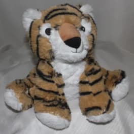 Plush tiger stuffed animal with orange and black stripes