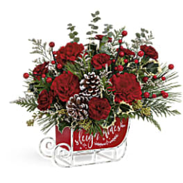 Red floral arrangement in a sleigh-shaped container with pinecones