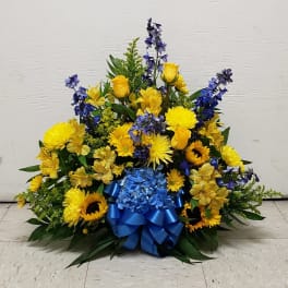 BLUE AND GOLD CEMETERY CENTERPIECE - DELUXE by Twin Towers Florist, Arlington VA