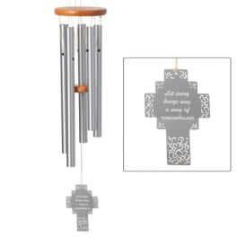 Silver wind chime with a cross-shaped hanging tag