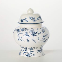 Blue-and-white ceramic urn with a floral pattern and lid