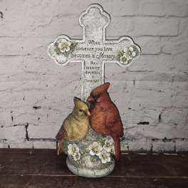 Decorative memorial cross with two birds and floral accents
