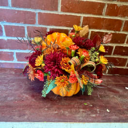Fall floral arrangement in a pumpkin container with orange and burgundy blooms