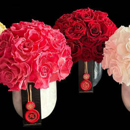 Four round rose bouquets in cream, pink, red, and white.