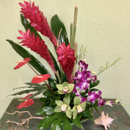 Tropical arrangement with red ginger, orchids, and anthuriums on a table