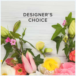 Assorted flowers and ivy around the words "Designer’s Choice"