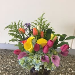 Colorful bouquet with tulips, calla lilies, and hydrangeas in a dark vase