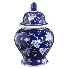 Blue-and-white ceramic ginger jar with floral pattern