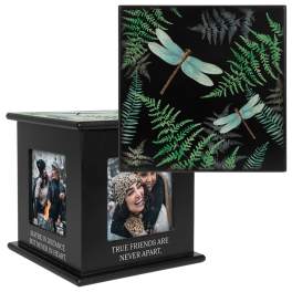 Black memorial box with dragonfly and fern designs and photo panels
