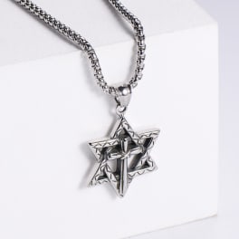 Silver necklace with a Star of David pendant on a white display card