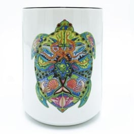 White candle jar with a colorful turtle design