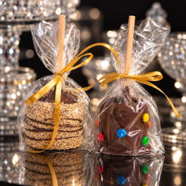 Two chocolate-covered treats wrapped in clear cellophane with gold ribbons