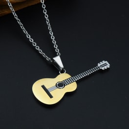 Guitar-shaped pendant necklace on a black background
