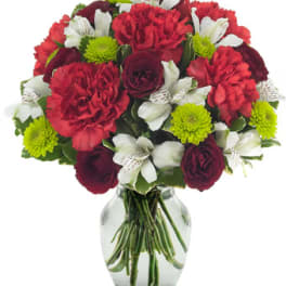 Bouquet of red carnations, burgundy roses, white alstroemeria, and green mums in a glass vase