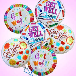 Cluster of colorful get well soon balloons on a pink background