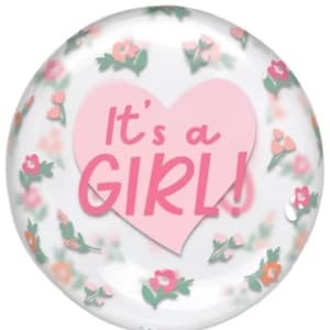 Clear balloon with pink "It's a Girl!" text and floral print