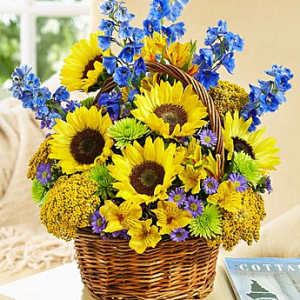 Basket of sunflowers, blue delphinium, and yellow daisies
