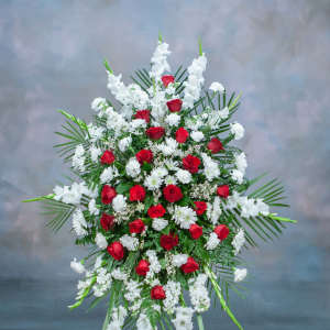 Standing floral spray with red roses and white flowers
