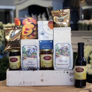 Gourmet breakfast gift set with teas, mixes, jam and syrup in a white wooden crate