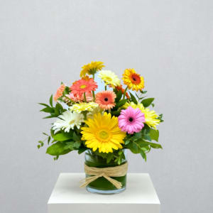 Colorful gerbera daisy bouquet in a glass vase with raffia tie
