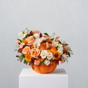 Mixed flowers arranged in an orange pumpkin-shaped vase