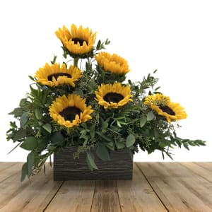 Sunflower arrangement in a rectangular black container