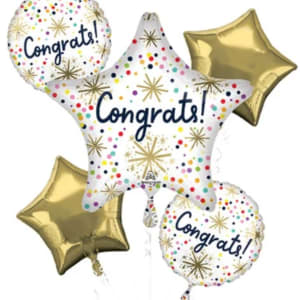 Cluster of congratulatory balloons with gold stars and confetti dots