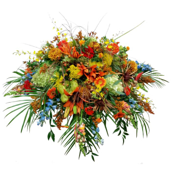 Large multicolored floral arrangement with orange, yellow, blue, and red blooms