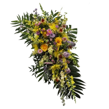 Large cascading floral spray with yellow, purple, and pink blooms