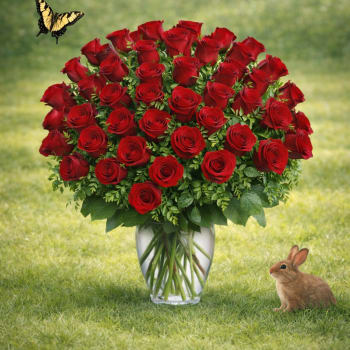 Bouquet of red roses in a clear glass vase with a butterfly and rabbit nearby
