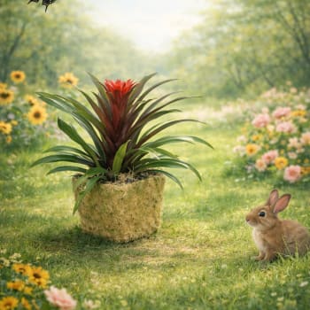Potted bromeliad in a moss-covered container with a butterfly and rabbit nearby