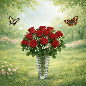 Red roses in a clear glass vase with butterfly accents