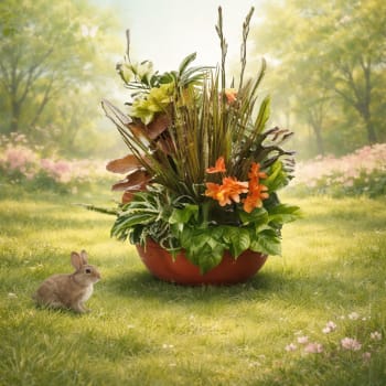 Potted floral arrangement with orange blooms and tall grasses in a terracotta bowl