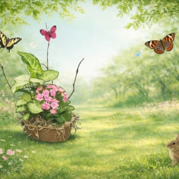Basket planter with pink flowers and butterflies in a spring meadow
