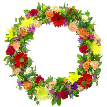 Circular floral wreath with mixed colorful flowers on a white background