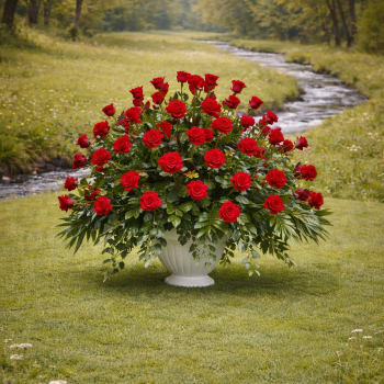 Large urn arrangement of red roses with abundant foliage displayed outdoors by a stream